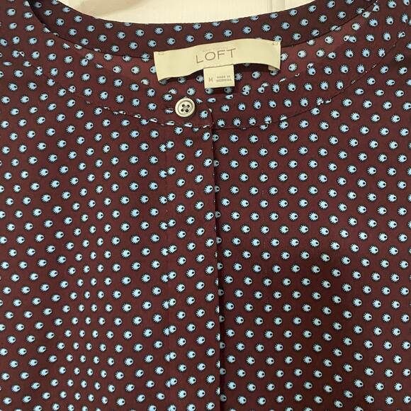 LOFT • Ann Taylor Burgundy Rust Blue Pattern Long Sleeve Side Split Dress - Picture 3 of 8